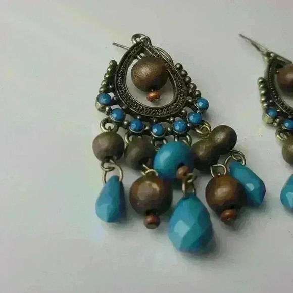 Vintage beads drop earrings  chandelier style blue/ brown beads  brass tone - Picture 8 of 12